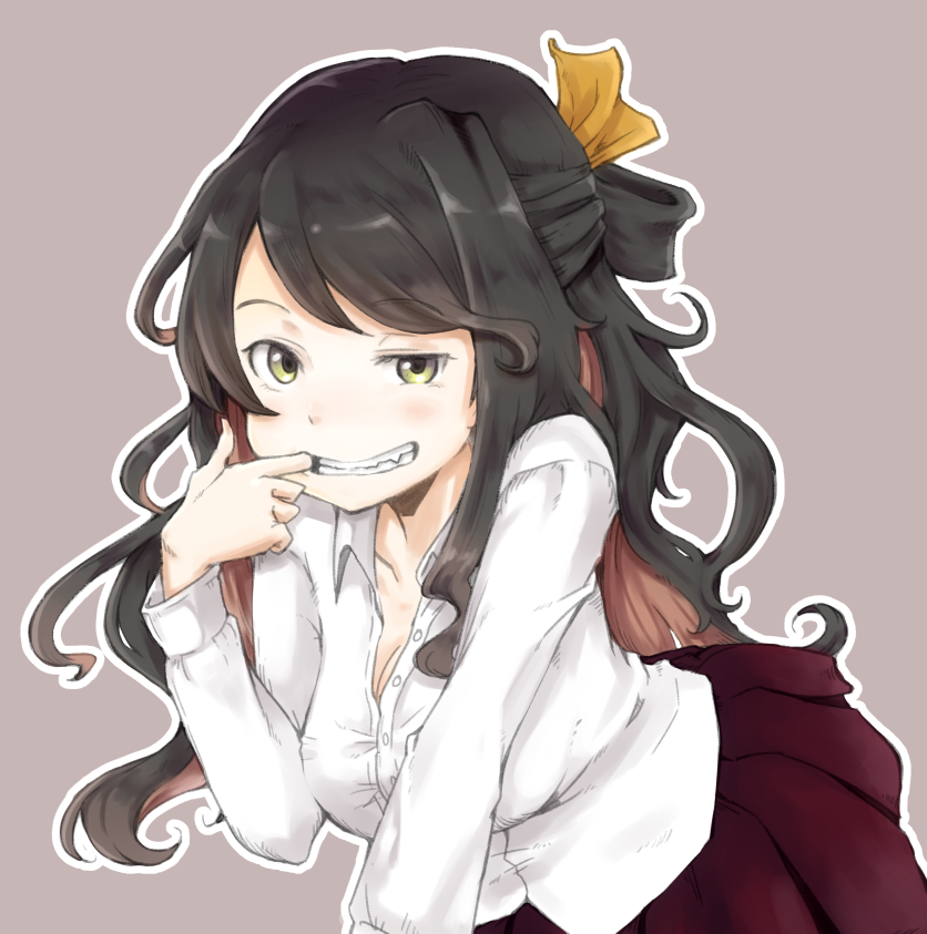 1girl black_hair blush breasts brown_background cleavage collared_shirt dress_shirt grin hachimitsucoffee half_updo kantai_collection large_breasts leaning_forward long_hair long_sleeves looking_at_viewer maroon_skirt mouth_pull multicolored_hair naganami_(kancolle) outline partially_unbuttoned pink_hair pleated_skirt shirt skirt smile solo squinting swept_bangs two-tone_hair white_shirt wing_collar yellow_eyes