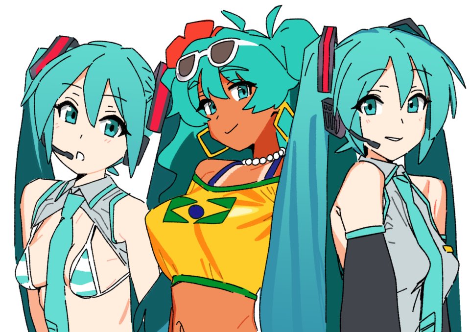 3girls aqua_bikini aqua_eyes aqua_hair aqua_necktie bare_shoulders between_breasts bikini black_sleeves brazilian_miku breasts clone collared_shirt cropped_shirt dark-skinned_female dark_skin detached_sleeves earrings eyes_visible_through_hair eyewear_on_head grey_shirt hair_between_eyes hatsune_miku headset jewelry light_blush long_hair looking_at_viewer medium_breasts meme_attire miku_collar_bikini multicolored_bikini multicolored_clothes multiple_girls navel necklace necktie necktie_between_breasts off-shoulder_shirt off_shoulder open_mouth osa_(osavocaloid) pale_skin parted_lips pearl_necklace shirt simple_background sleeveless sleeveless_shirt small_breasts smile striped_bikini striped_clothes sunglasses swimsuit tan tanline twintails two-tone_bikini two_side_up upper_body very_long_hair vocaloid white_background white_bikini yellow_shirt