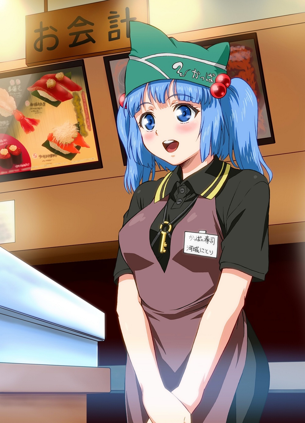 1girl alternate_costume apron black_shirt blue_eyes blue_hair blush blush_stickers breasts buttons cash_register cashier collared_shirt contemporary counter dress dress_shirt employee_uniform female_focus food hat highres kawashiro_nitori key matching_hair/eyes menu menu_board name_tag open_mouth own_hands_together polo_shirt poster_(medium) poster_(object) shirt short_hair short_sleeves smile solo sushi touhou twintails two_side_up v_arms zouni_(xavier)