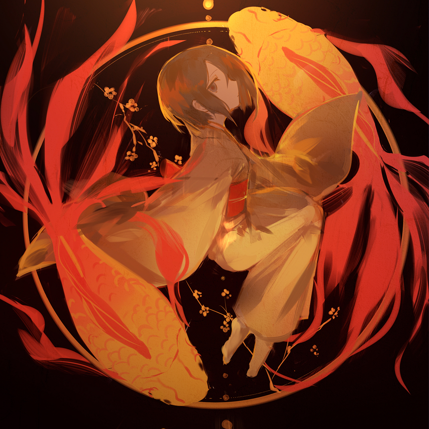 1girl alt_(apou) barefoot black_background black_eyes black_hair blurry branch cherry_blossoms dark fish goldfish japanese_clothes kimono looking_at_viewer looking_to_the_side orange_theme original profile short_hair simple_background yin_yang