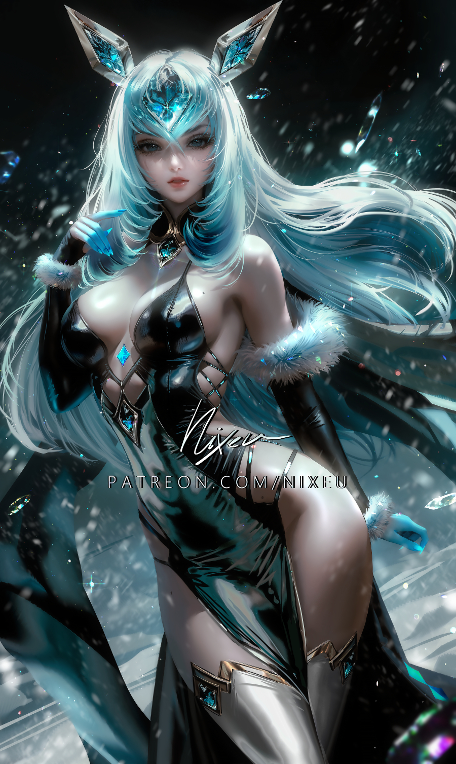 1girl animal_ears artist_name black_dress blue_eyes blue_hair breasts collar_jewel commentary covered_navel creatures_(company) crossed_legs dark_background detached_collar detached_sleeves dress english_commentary fingernails floating_hair forehead_jewel fur-trimmed_sleeves fur_trim game_freak gen_4_pokemon glaceon groin highres light_particles lips long_eyelashes long_hair long_sleeves looking_at_viewer medium_breasts mole mole_on_breast mole_on_thigh nintendo nixeu paid_reward_available parted_lips patreon_username pelvic_curtain personification pokemon realistic shards sidelocks signature solo sparkle standing thighhighs white_thighhighs wind wind_lift