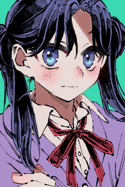 1girl ao_no_hako black_hair blue_eyes cardigan closed_mouth collared_shirt long_hair looking_at_viewer moriya_ayame neck_ribbon portrait purple_cardigan red_ribbon ribbon shirt solo tere_douga twintails upper_body white_shirt