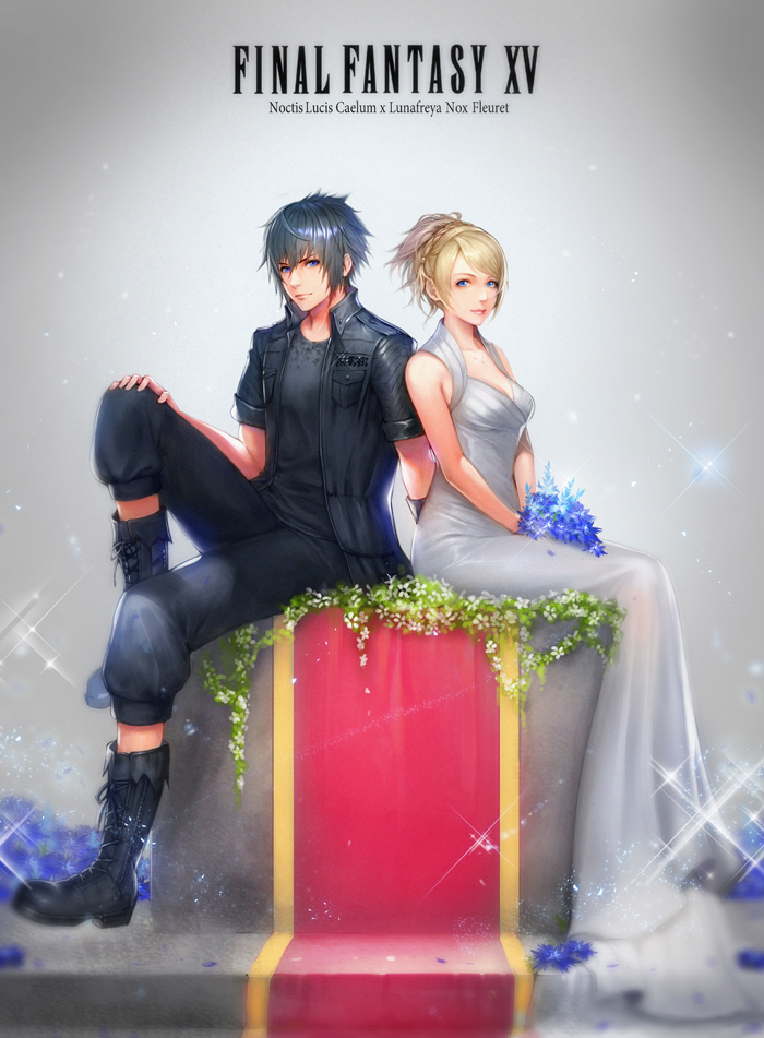 1boy 1girl black_hair blonde_hair boots bouquet capri_pants dress final_fantasy final_fantasy_xv flower hair_up lunafreya_nox_fleuret nagi_(siki2n) noctis_lucis_caelum pants petals sitting sparkle white_dress