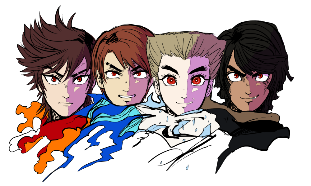 4boys animification bad_id bad_pixiv_id black_hair blue_eyes brown_hair cole_(ninjago) evil_smile eyebrows hair_over_one_eye japanese_clothes jay_(ninjago) kai_(ninjago) male_focus multiple_boys ninjago red_eyes shimotsuki_kitsune short_hair silver_hair smile spiked_hair the_lego_group thick_eyebrows turtleneck zane_(ninjago)