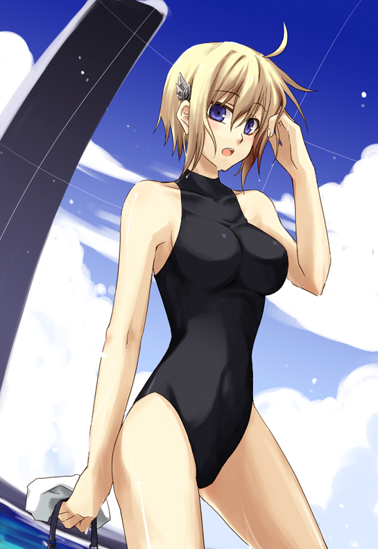 1girl adjusting_hair ahoge bad_id bad_pixiv_id blonde_hair blue_eyes blush breasts cloud collarbone competition_swimsuit day female_focus hair_ornament koukaku_no_regios kuruma_(rk) large_breasts nina_antalk one-piece_swimsuit open_mouth short_hair sky solo standing swimsuit wet