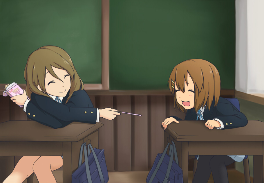 2girls bag brown_eyes brown_hair desk extra closed_eyes hidarikata hirasawa_yui k-on! long_hair multiple_girls pantyhose pocky school_desk school_uniform short_hair tachibana_himeko