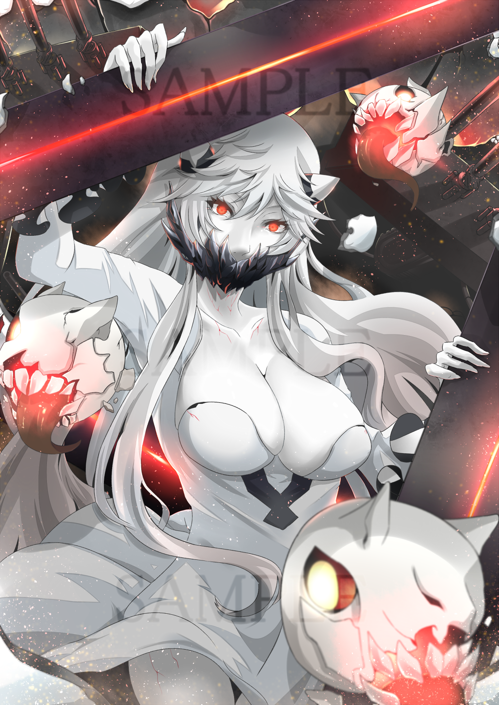 10s 1girl abyssal_ship breasts cleavage colored_skin dress endou_(zettai_bluenoid) endouvocalotyu female_focus highres horns kantai_collection large_breasts long_hair midway_princess pale_skin red_eyes sample_watermark solo veins very_long_hair watermark white_dress white_hair white_skin