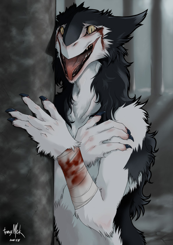 androgynous bandages blood claws fangs furry gender_request indoors injury open_mouth pillar rain_silves sergal signature solo trancy_mick