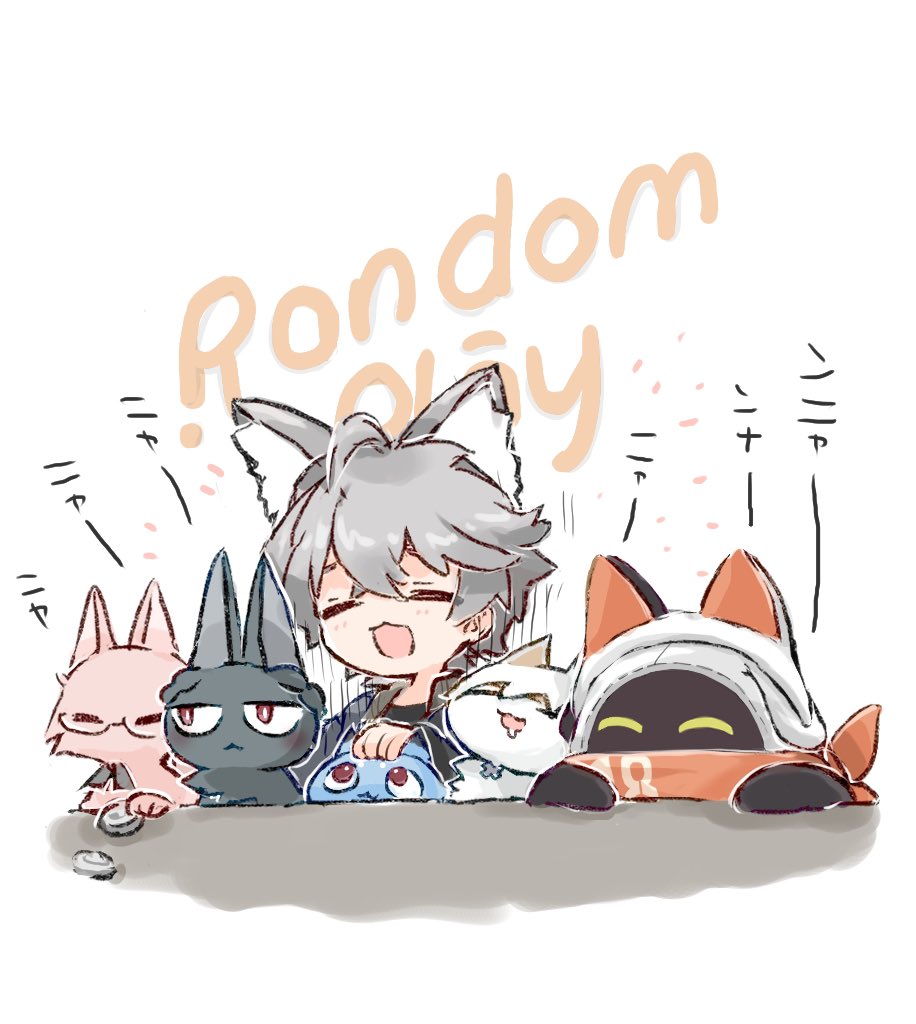 1other 2boys 3girls animal_ear_fluff animal_ears asaba_harumasa asaba_harumasa_(cat) az79709363 bandana bandana_around_neck bangboo_(zenless_zone_zero) bangboo_18_(zenless_zone_zero) black_shirt blue_jacket cat_ears closed_eyes closed_mouth commentary glasses grey_hair hoshimi_miyabi hoshimi_miyabi_(cat) jacket multiple_boys multiple_girls open_mouth orange_bandana shirt simple_background smile soukaku_(cat) soukaku_(zenless_zone_zero) translation_request tsukishiro_yanagi tsukishiro_yanagi_(cat) white_background wise_(zenless_zone_zero) zenless_zone_zero