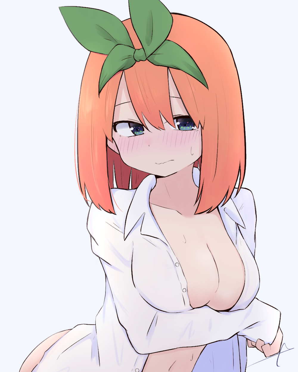 1girl blue_eyes blush breast_hold breasts cleavage closed_mouth collared_shirt dress_shirt eyebrows_hidden_by_hair go-toubun_no_hanayome green_ribbon grey_background hair_between_eyes hair_ribbon highres kujou_karasuma long_sleeves medium_breasts nakano_yotsuba naked_shirt navel open_clothes open_shirt ribbon shirt signature simple_background sleeves_past_wrists solo sweat wavy_mouth white_shirt