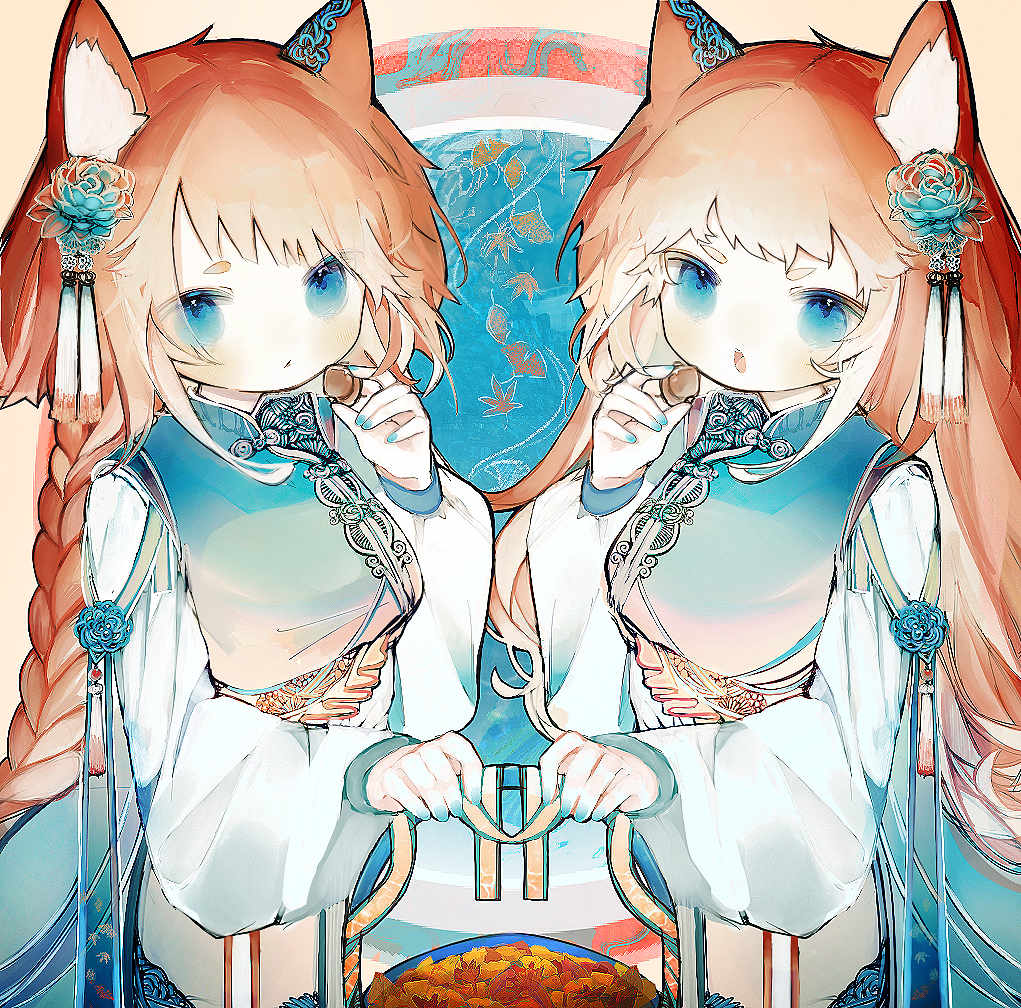 2girls animal_ears autumn blue_eyes braid brown_hair flower hair_flower hair_ornament japanese_clothes konomiyakii long_hair looking_at_viewer multiple_girls nut_(food) orange_hair original pale_skin siblings sisters squirrel squirrel_ears squirrel_girl squirrel_tail tail twins