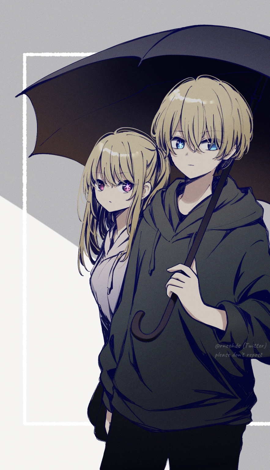 1boy 1girl black_hoodie black_pants blue_eyes breasts brother_and_sister grey_background grey_hoodie hair_between_eyes highres holding holding_umbrella hood hood_down hoodie hoshino_aquamarine hoshino_ruby large_breasts long_sleeves looking_at_viewer oshi_no_ko pants rncchds short_hair siblings star-shaped_pupils star_(symbol) symbol-shaped_pupils umbrella watermark white_background