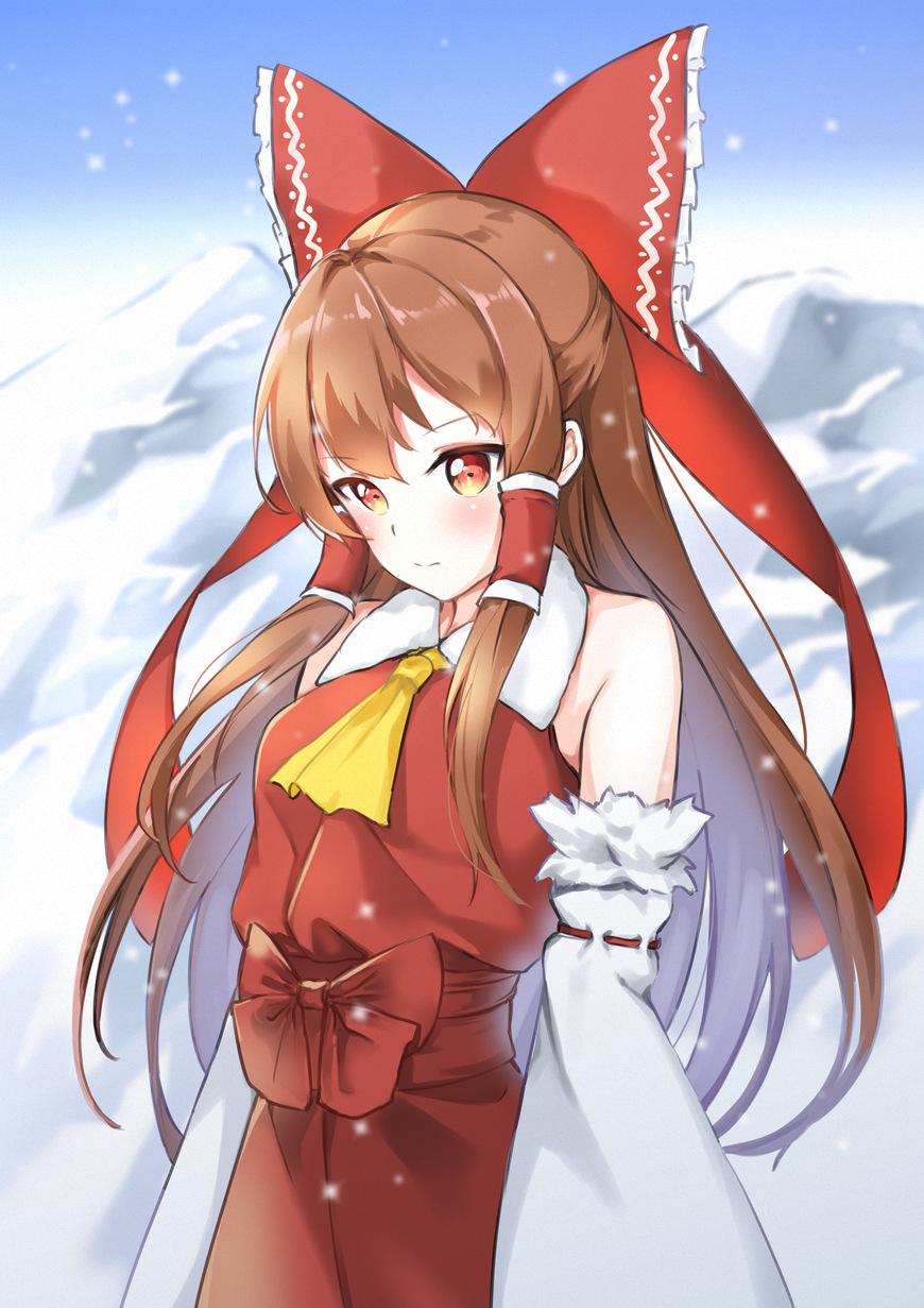 1girl ascot bare_shoulders bow breasts brown_eyes brown_hair closed_mouth day detached_sleeves expressionless gradient_sky hair_between_eyes hair_bow hair_tubes hakurei_reimu highres long_hair looking_ahead mojomaru mountain red_bow ribbon-trimmed_sleeves ribbon_trim sidelocks sky small_breasts snow solo standing touhou upper_body very_long_hair yellow_ascot