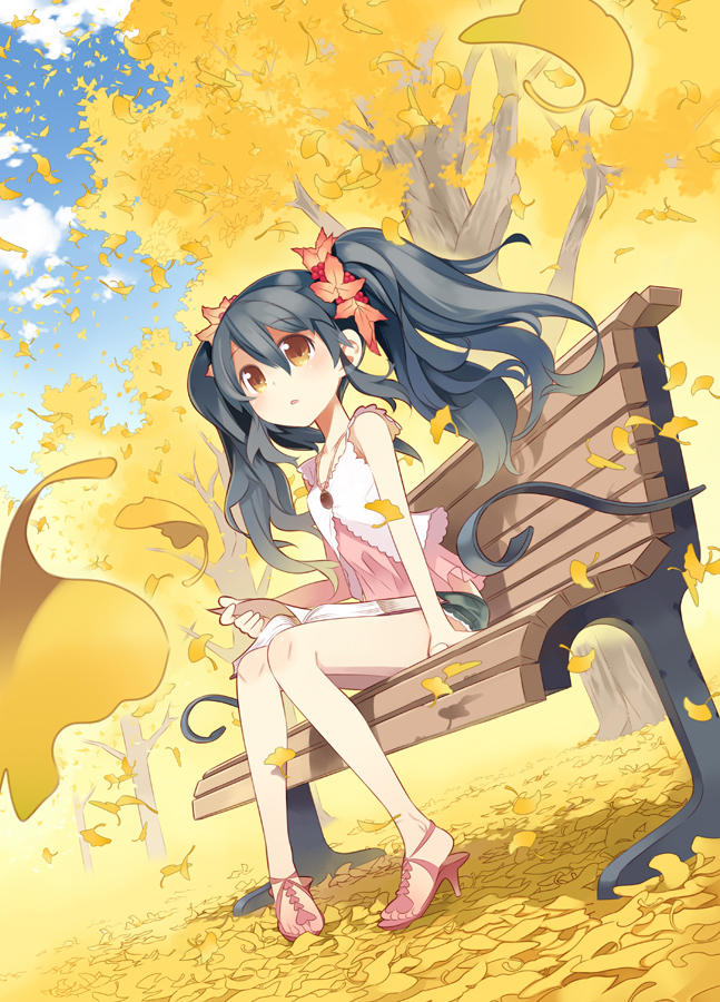 1girl autumn bench black_hair blue_hair book female_focus ginkgo_biloba ginkgo_tree hair_ornament haruse_hiroki high_heels leaf legs long_hair orange_eyes original sandals shoes short_shorts shorts sitting solo tree twintails wind