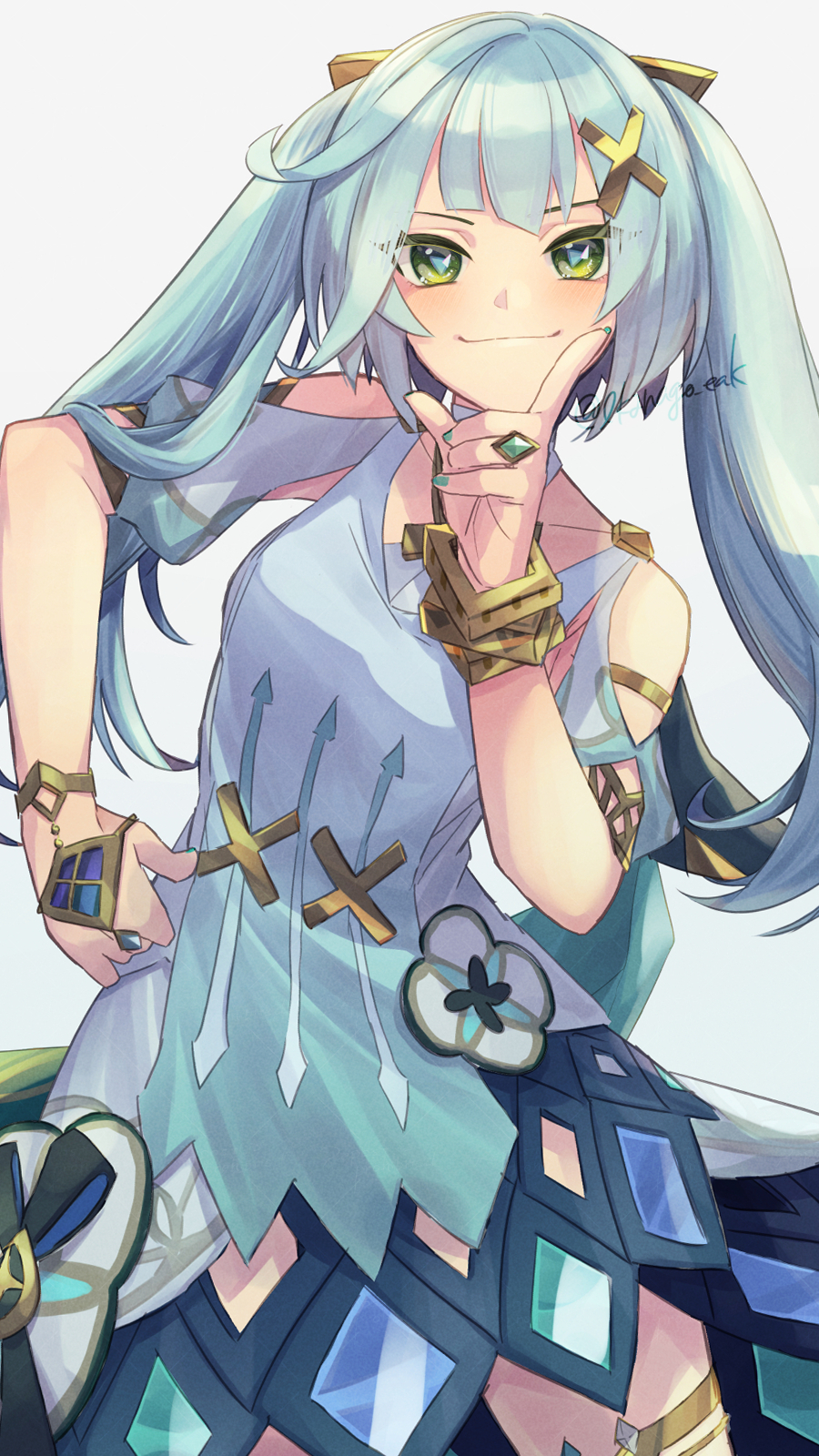 1girl aqua_hair armpit_cutout bare_shoulders clothing_cutout cowboy_shot dress faruzan_(genshin_impact) genshin_impact green_eyes grey_background hair_ornament hand_up highres ikanago_eak index_finger_raised long_hair looking_at_viewer short_sleeves shoulder_cutout simple_background smile solo standing twintails very_long_hair white_dress x_hair_ornament