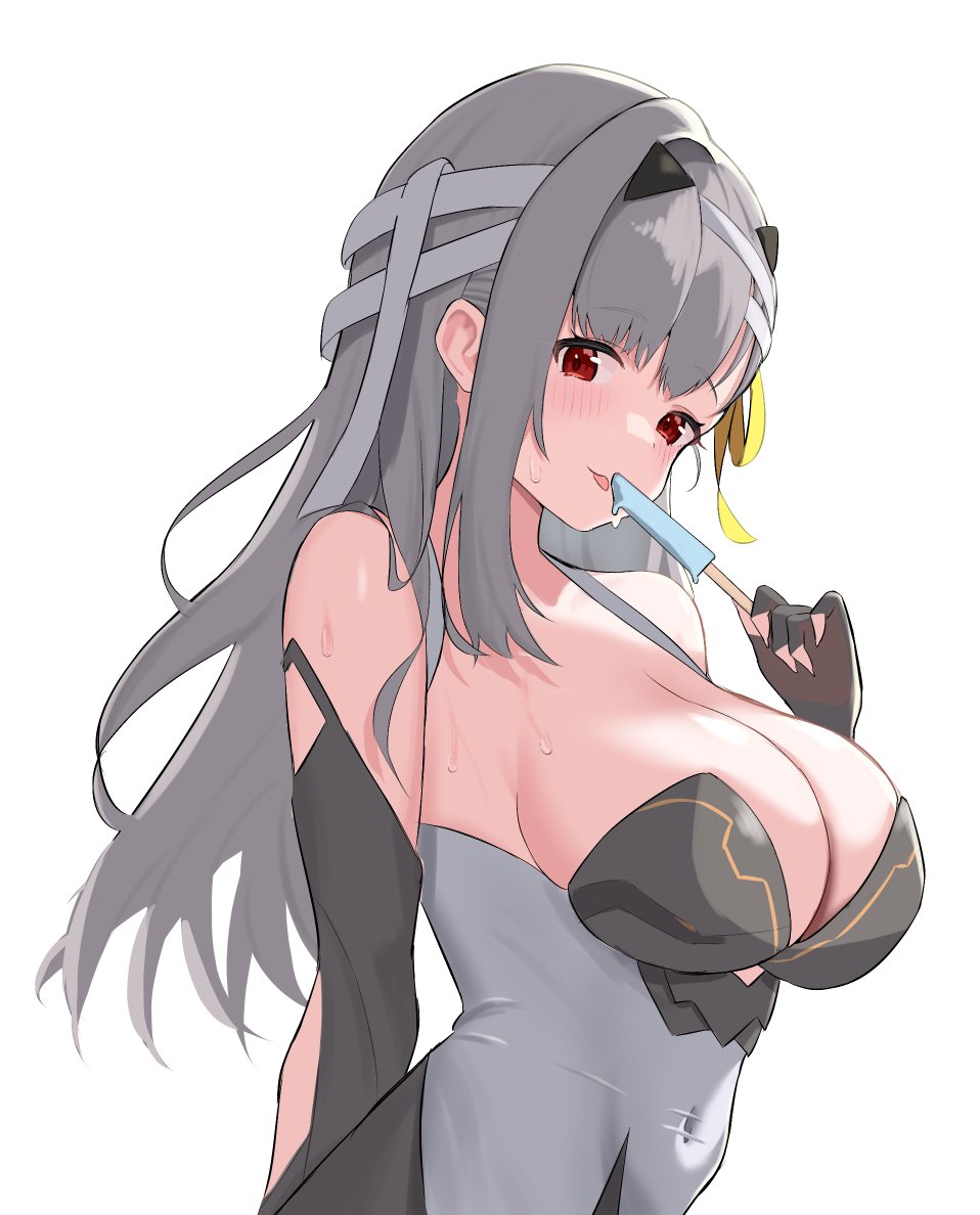 1girl armor armored_gloves bandaged_head bandages black_gloves breasts bug butterfly cleavage covered_navel detached_sleeves fingerless_gloves gloves goddess_of_victory:_nikke grey_hair hair_ribbon insect large_breasts light_blush long_hair modernia_(nikke) red_eyes ribbon sidelocks solo xi_oshir1 yellow_ribbon