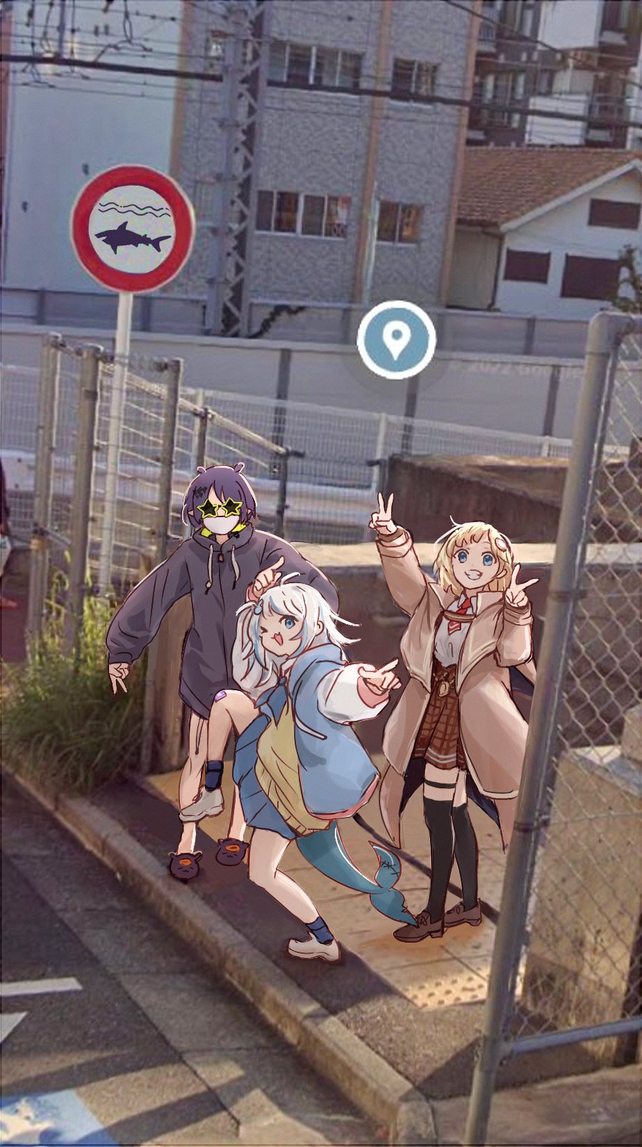 3girls blonde_hair blue_eyes blue_hair chain-link_fence double_v fence fins fish_tail gawr_gura google_maps google_street_view hair_ornament high_school_girls_posing_for_google_street_view_(meme) highres hololive hololive_english hood hoodie instrument_on_back long_sleeves mask meme multicolored_hair multiple_girls necktie ninomae_ina&#039;nis ninomae_ina&#039;nis_(1st_costume) open_mouth overhead_line photo_background raised_curb red_necktie road_sign shark_girl shark_tail shirt short_hair sidewalk sign skirt standing standing_on_one_leg star-shaped_eyewear star_(symbol) streaked_hair sunglasses tactile_paving tail v virtual_youtuber watson_amelia watson_amelia_(1st_costume) white_shirt yuuyu_(777)