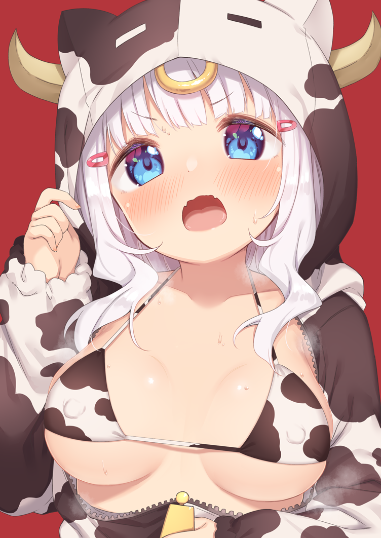 1girl animal_ears animal_print blue_eyes blunt_bangs blush bra breasts chinese_zodiac collarbone commentary_request covered_erect_nipples cow_ears cow_hood cow_horns cow_print fake_animal_ears fangs gao hair_ornament hairclip hand_up hood hood_up horns jewelry long_hair looking_at_viewer medium_breasts muku_(muku-coffee) new_year open_mouth original red_background ring silver_hair simple_background skin_fangs solo sweat underwear unzipped upper_body v-shaped_eyebrows white_bra year_of_the_ox