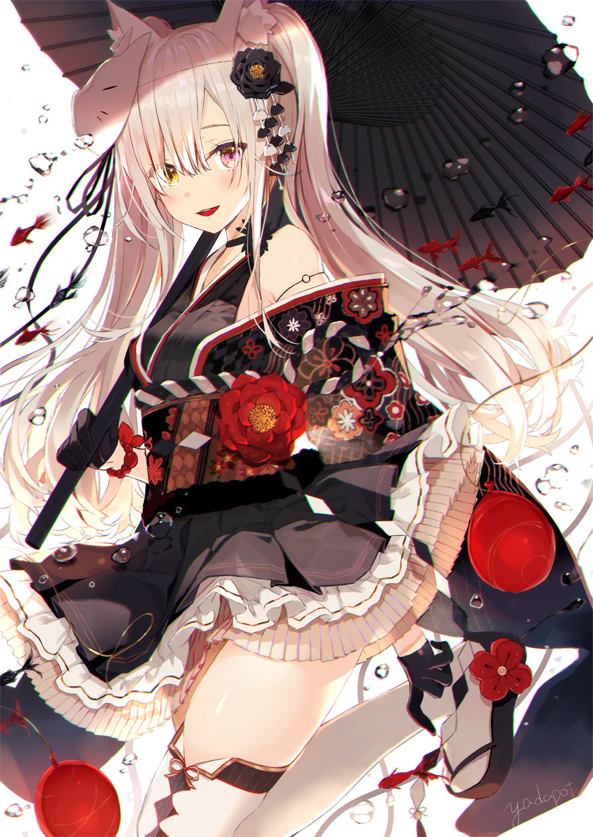 1girl animal animal_ear_fluff animal_ears bare_shoulders black_flower black_footwear black_gloves black_kimono black_umbrella blush commentary fish flower fox_mask gloves hair_flower hair_ornament hair_over_one_eye half_gloves heterochromia highres japanese_clothes kimono kimono_skirt long_hair long_sleeves looking_at_viewer mask mask_on_head obi off_shoulder oil-paper_umbrella original pink_eyes red_flower sandals sash silver_hair simple_background smile solo standing standing_on_one_leg symbol-only_commentary thighhighs umbrella very_long_hair water_drop white_background white_thighhighs wide_sleeves yadapot yellow_eyes zouri