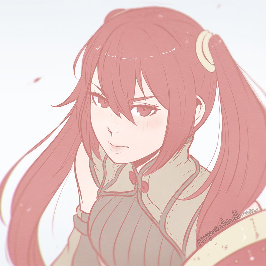 1girl angry armor artist_name breasts brown_shirt closed_mouth commentary detached_sleeves english_commentary fire_emblem fire_emblem_awakening hair_tie koyorin lips looking_at_viewer nintendo pauldrons red_eyes red_hair severa_(fire_emblem) shirt shoulder_armor single_pauldron small_breasts tumblr_username twintails upper_body white_background