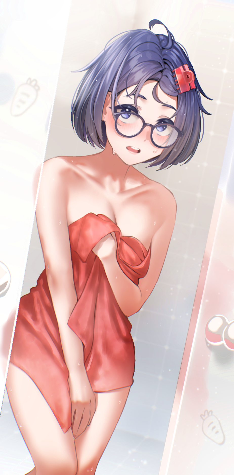 1girl after_bathing bathroom black-framed_eyewear blue_eyes blue_hair blush breasts claw_hair_clip cleavage collarbone commentary glasses highres looking_at_viewer madiix012 medium_breasts mila_(miside) miside mita_(miside) naked_towel open_mouth short_hair solo steam symbol-only_commentary teeth towel towel_tug upper_teeth_only wet_face