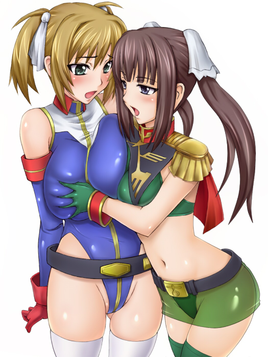 2girls belt belt_skirt blonde_hair blush breast_press breasts brown_hair catharine_blitzen earth_federation grabbing_another&#039;s_breast groping gundam gundam_card_builder highleg highleg_leotard huge_breasts leotard long_hair metadora midriff multiple_girls navel open_mouth reiko_holinger see-through_clothes symmetrical_docking thighhighs yuri zeon