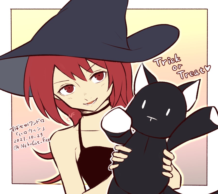 1girl eyebrows eyebrows_hidden_by_hair female_focus halloween_costume hat holding holding_stuffed_toy long_hair looking_at_viewer matching_hair/eyes misaki_shiki nyantan red_eyes red_hair solo stuffed_animal stuffed_cat stuffed_toy subarashiki_kono_sekai upper_body witch witch_hat