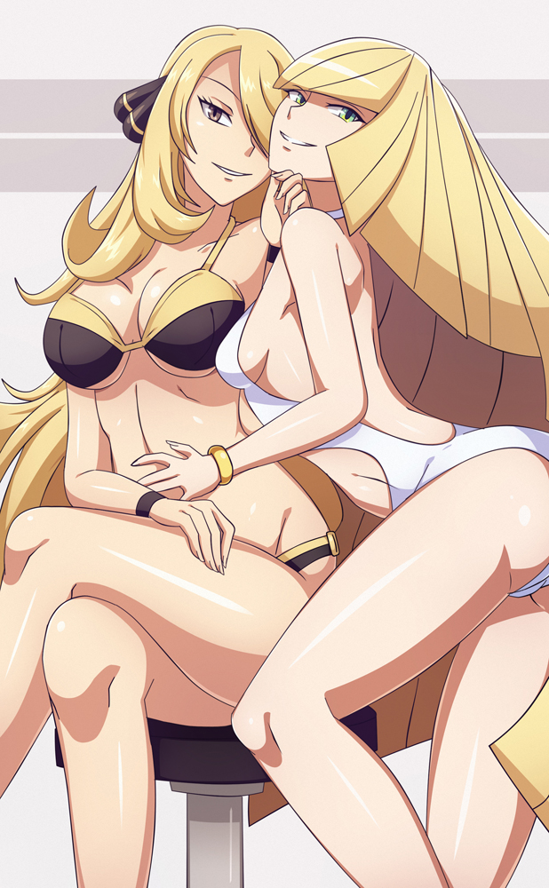 2girls alternate_breast_size arched_back ass back backless_outfit bare_arms bare_back bare_legs bare_shoulders bikini blonde_hair blunt_bangs breasts breasts_apart brown_eyes collarbone cowboy_shot creatures_(company) crossed_legs cynthia_(pokemon) female_focus game_freak grabbing_another&#039;s_chin green_eyes grin hair_ornament hair_over_one_eye hand_on_another&#039;s_chin hand_on_another&#039;s_stomach hand_on_own_chin hand_on_own_stomach hand_on_own_thigh hip_focus knees large_breasts legs long_hair looking_at_viewer lusamine_(pokemon) mature_female multiple_girls nintendo one-piece_swimsuit parted_lips pokemon pokemon_dppt pokemon_sm scott_bennett shoulder_blades sideboob simple_background sitting small_breasts smile stomach swimsuit underboob very_long_hair vivivoovoo