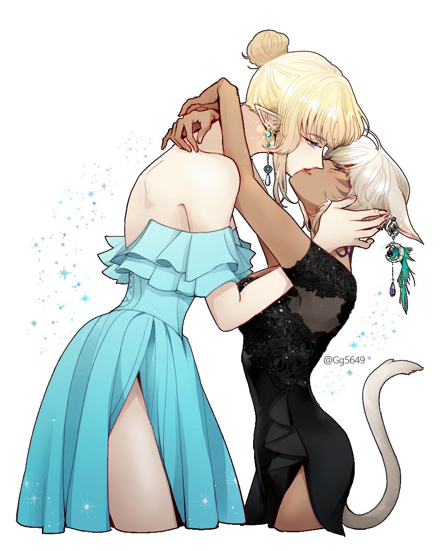 2girls animal_ears arms_around_neck backless_dress backless_outfit bare_shoulders black_dress blonde_hair blue_dress cat_ears cat_girl cat_tail commentary_request commission dark-skinned_female dark_skin dress earrings elezen elf eye_contact facial_mark final_fantasy final_fantasy_xiv from_side gray5649 hair_bun half-closed_eyes height_difference jewelry kiss korean_commentary looking_at_another miqo&#039;te multiple_girls off-shoulder_dress off_shoulder pointy_ears second-party_source short_sleeves side_slit simple_background sparkle tail warrior_of_light_(ff14) whisker_markings white_background y&#039;shtola_rhul yuri