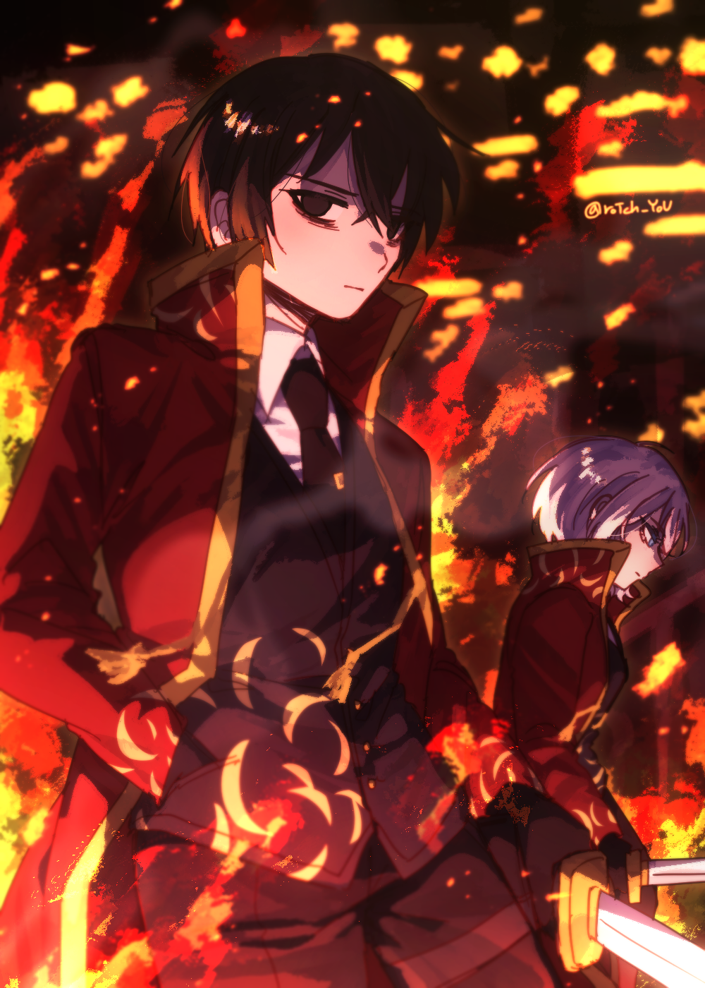 black_eyes black_hair blue_eyes coat faust_(project_moon) fire highres holding holding_sword holding_weapon limbus_company liu_association_(identity)_(project_moon) pmchell_04 project_moon red_coat sword weapon white_hair yi_sang_(project_moon)