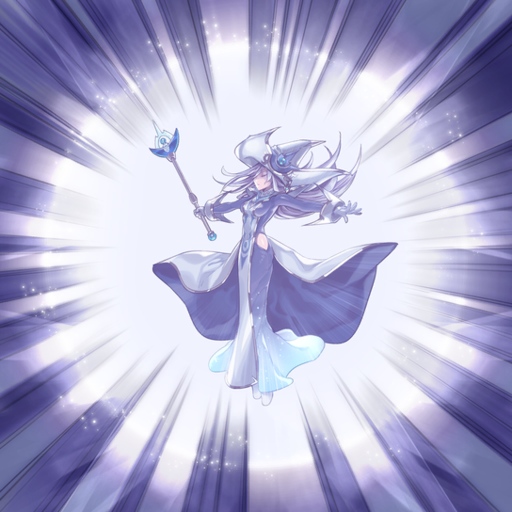 1girl anonymous_(yu-gi-oh!) blue_dress closed_eyes dress emphasis_lines grey_hair hat hip_vent holding holding_staff long_hair official_art outstretched_arms silent_magician staff tabard third-party_source white_hat wizard_hat yu-gi-oh!