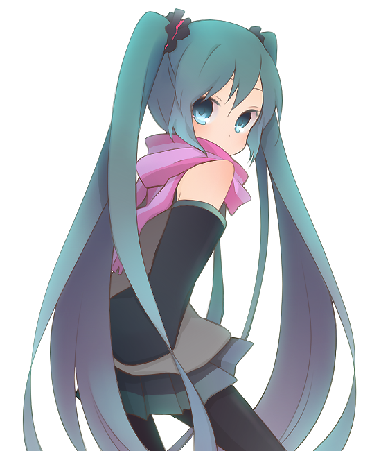 1girl aqua_eyes aqua_hair bad_id bad_pixiv_id female_focus hatsune_miku kinokosuke long_hair looking_at_viewer looking_back scarf solo twintails vocaloid