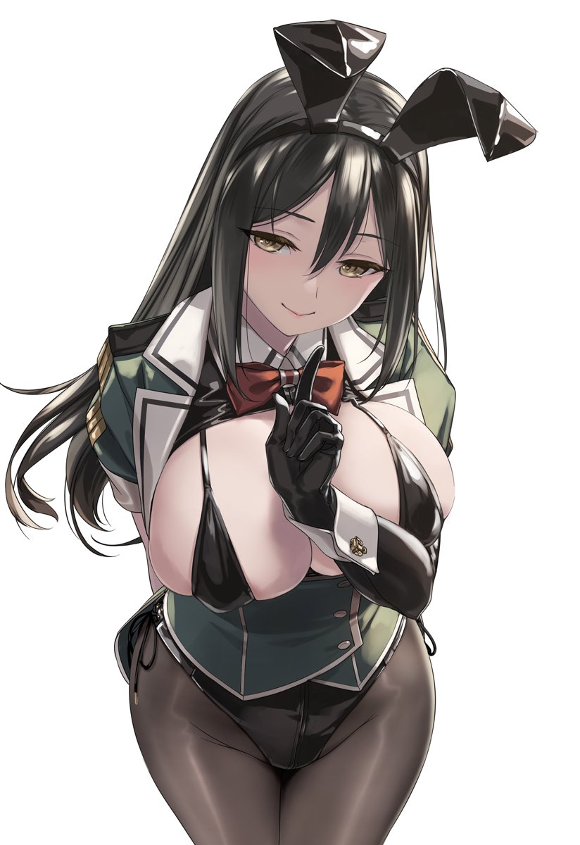 1girl adapted_costume alternate_costume animal_ears bikini black_bikini black_hair black_leotard bow bowtie breasts chikuma_(kancolle) cowboy_shot elbow_gloves fake_animal_ears gloves highres kantai_collection large_breasts leotard long_hair pantyhose playboy_bunny rabbit_ears ribbon rokuwata_tomoe single_elbow_glove single_glove smile swimsuit white_background wrist_cuffs yellow_eyes