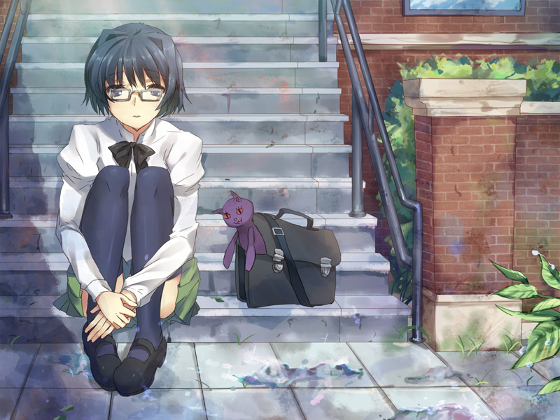 1girl artist_request bad_end black_bag black_bow black_bowtie black_footwear blue_eyes blue_hair blue_socks bow bowtie closed_mouth full_body game_cg glasses grey-framed_eyewear hakamichi_shizune katawa_shoujo kneehighs leaf non-web_source official_art railing school_uniform shirt shoes short_hair sitting sitting_on_stairs socks solo stairs stuffed_animal stuffed_cat stuffed_toy white_shirt window yamaku_high_school_uniform