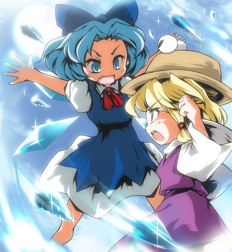 2girls bad_id bad_pixiv_id blonde_hair blue_eyes blue_hair bow brown_eyes cirno dress fang hair_bow hat ice icicle moriya_suwako multiple_girls open_mouth rivalry sun suzu_(suzuko) touhou wings