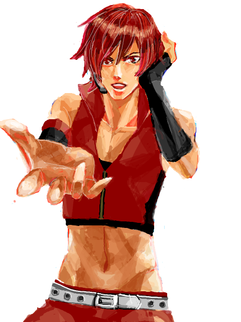 1boy belt fingerless_gloves gender_request genderswap gloves hand_on_own_head male_focus meiko_(vocaloid) meito microphone music navel oekaki reaching reaching_towards_viewer red_hair red_theme simple_background singing solo vocaloid white_background