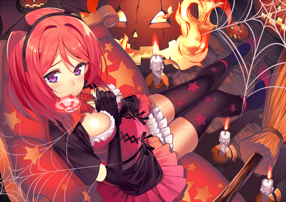 10s 1girl bad_id bad_pixiv_id black_gloves blush breasts broom candle candy cleavage dancing_stars_on_me! elbow_gloves fake_wings female_focus food gloves hairband halloween head_wings hullabaloo jack-o&#039;-lantern large_breasts lollipop looking_at_viewer love_live! love_live!_school_idol_project nishikino_maki patterned_legwear print_thighhighs purple_eyes red_hair short_hair silk sitting solo spider_web star_(symbol) star_print thighhighs wings zettai_ryouiki