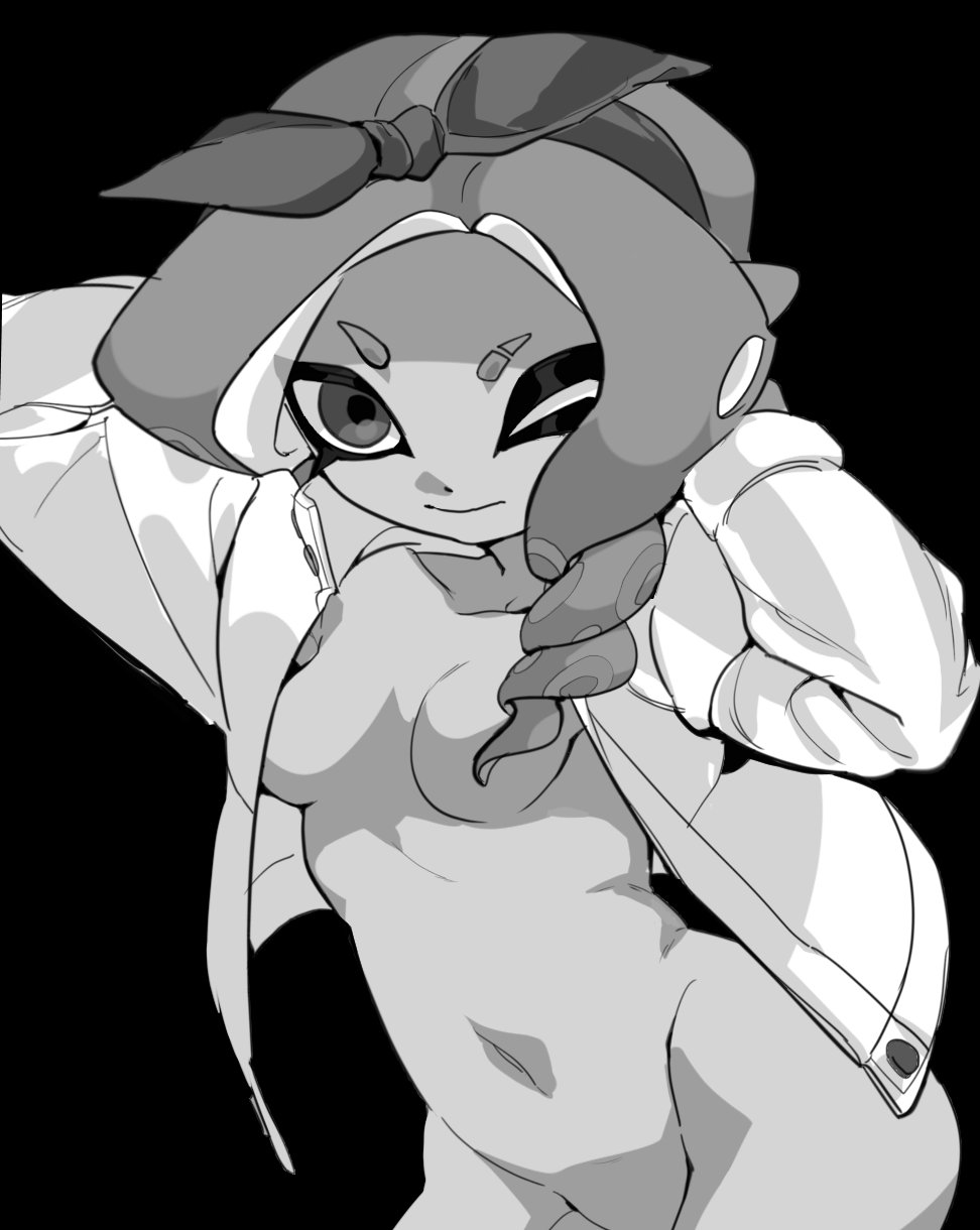 1girl arms_up bandana black_background breasts closed_mouth collarbone drill_hair eyebrow_cut eyes_visible_through_hair greyscale highres ikki_(gsl_9708) korean_commentary long_hair long_sleeves medium_breasts monochrome naked_shirt navel nintendo octoling octoling_girl octoling_player_character one_eye_closed open_clothes open_shirt shirt simple_background solo splatoon_(series) tentacle_hair