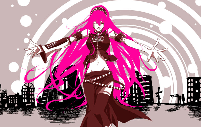 boots double_lariat_(vocaloid) closed_eyes kuro_(miso_nippon) kuro_(pixiv430558) long_hair megurine_luka pink_hair smile solo thighhighs vocaloid