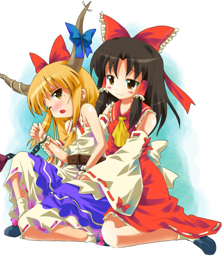 2girls :3 black_hair female_focus hakurei_reimu ibuki_suika implied_fingering michii_yuuki multiple_girls orange_hair saliva touhou yuri