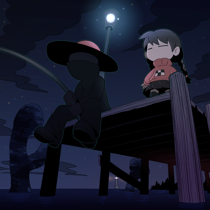 1boy 1girl =_= black_hair black_skin braid cloud colored_skin expressionless fishing fishing_rod from_below hat holding holding_fishing_rod houten_(dre_a_mer) lamppost lighthouse long_hair madotsuki night night_sky no_mouth no_nose ocean outdoors pier pink_sweater scenery sitting sky standing sweater the_fisherman_(yume_nikki) twin_braids water yume_nikki