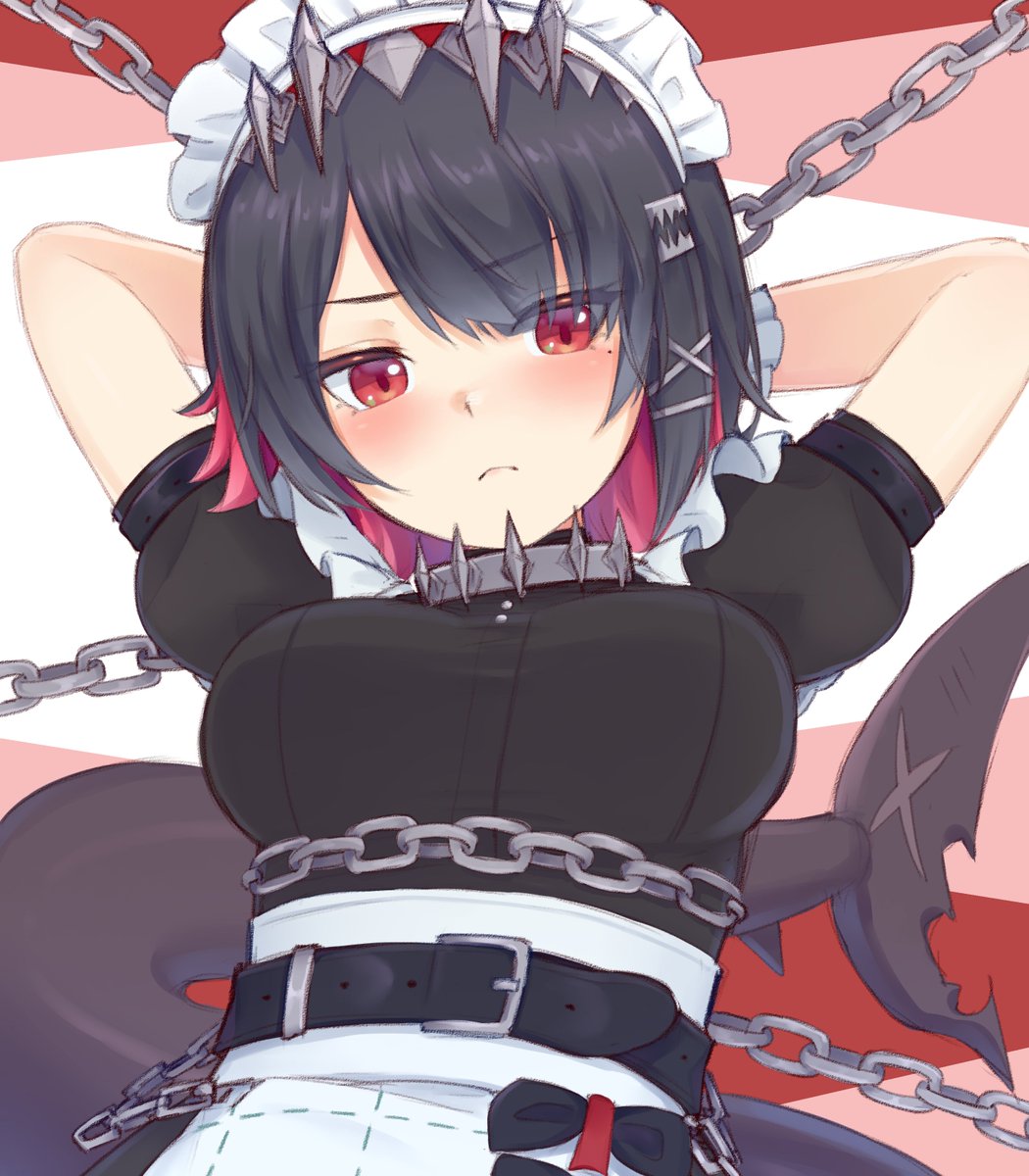 apron belt black_hair chain collar ellen_joe fins fish_tail gradient_hair highres looking_at_viewer maid maid_apron maid_headdress metal_collar metal_hairband multicolored_hair nirunirin red_eyes shark_girl shark_tail simple_background tail zenless_zone_zero