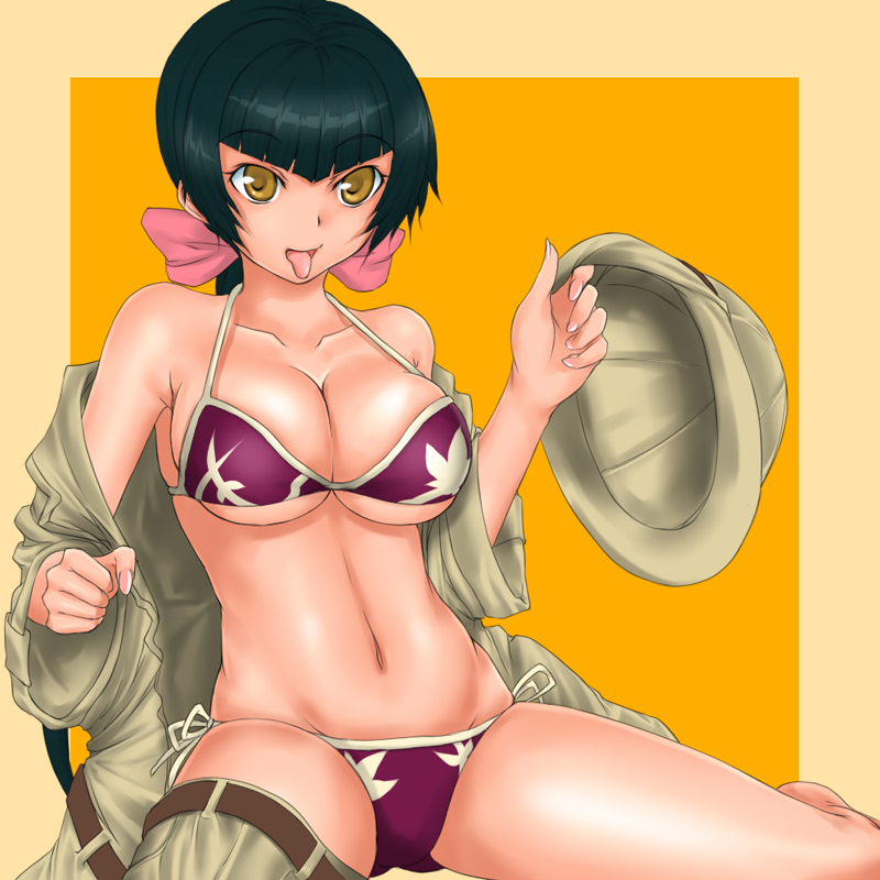 00s 1girl barefoot bikini blunt_bangs breasts cleavage collarbone female_focus gundam gundam_00 hat helmet large_breasts navel open_mouth purple_bikini rokuichi side-tie_bikini_bottom simple_background sitting solo swimsuit tongue tongue_out undressing unworn_hat unworn_headwear wang_liu_mei wariza yellow_background