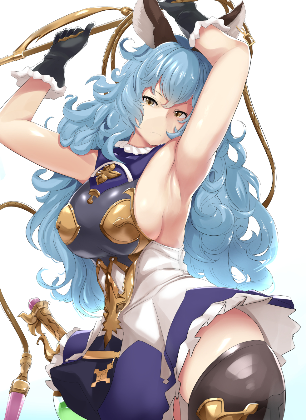 1girl alternate_breast_size animal_ears armpits blue_hair blue_skirt breasts brown_gloves rabbit_ears closed_mouth erune ferry_(granblue_fantasy) frilled_skirt frills gloves granblue_fantasy highres large_breasts long_hair mizuyan sideboob skirt thighhighs wavy_hair whip yellow_eyes