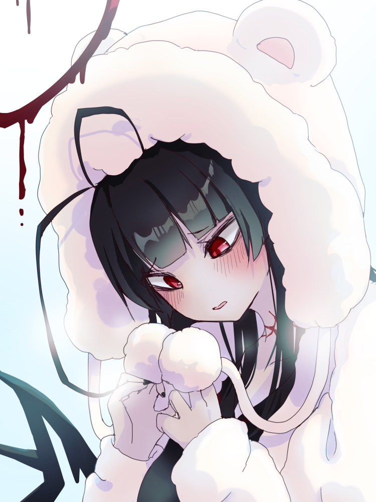 1girl animal_hood antenna_hair black_hair blue_archive blunt_bangs blush fur-trimmed_hoodie fur_trim halo hood hoodie komena_(shinyday312) looking_down portrait red_eyes sidelocks solo tsurugi_(blue_archive) white_background