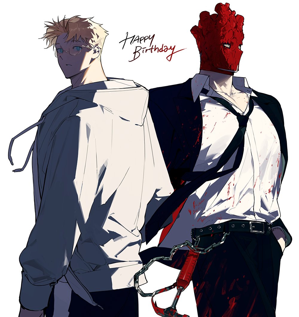 1boy belt black_belt black_jacket black_necktie blonde_hair blood blood_on_clothes collared_shirt commentary cowboy_shot dorohedoro glasses grey_hoodie hammer happy_birthday hood hood_down hoodie jacket long_sleeves looking_back male_focus mask multiple_views necktie odagorom pectoral_cleavage pectorals shin_(dorohedoro) shirt symbol-only_commentary white_shirt