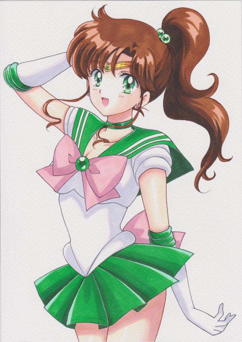 bishoujo_senshi_sailor_moon brown_hair green_eyes green_skirt high_ponytail highres kino_makoto long_hair magical_girl momohiyaltuko0124 ponytail sailor_collar sailor_jupiter skirt wavy_hair