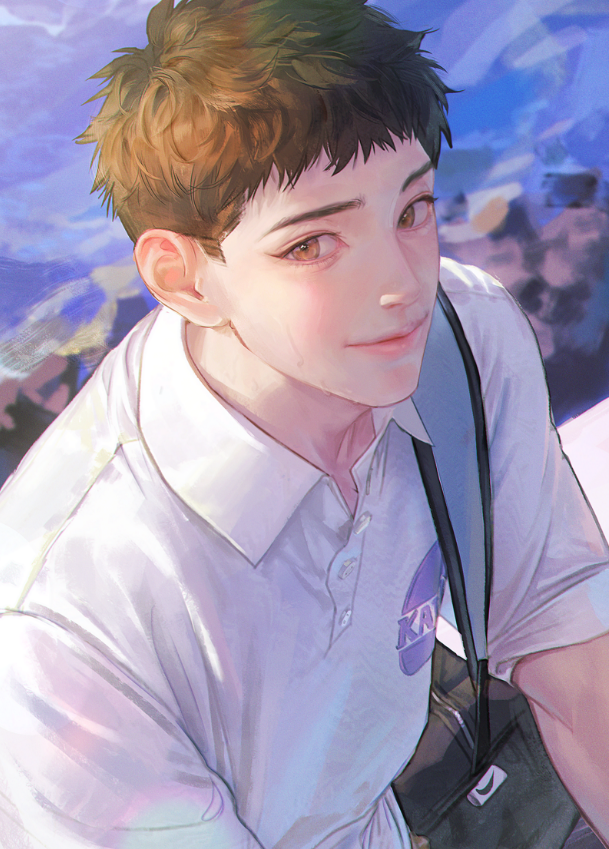 1boy black_bag brown_eyes brown_hair character_request closed_mouth collared_shirt copyright_request jnkku male_focus nike_(company) ocean polo_shirt shirt short_hair solo white_shirt