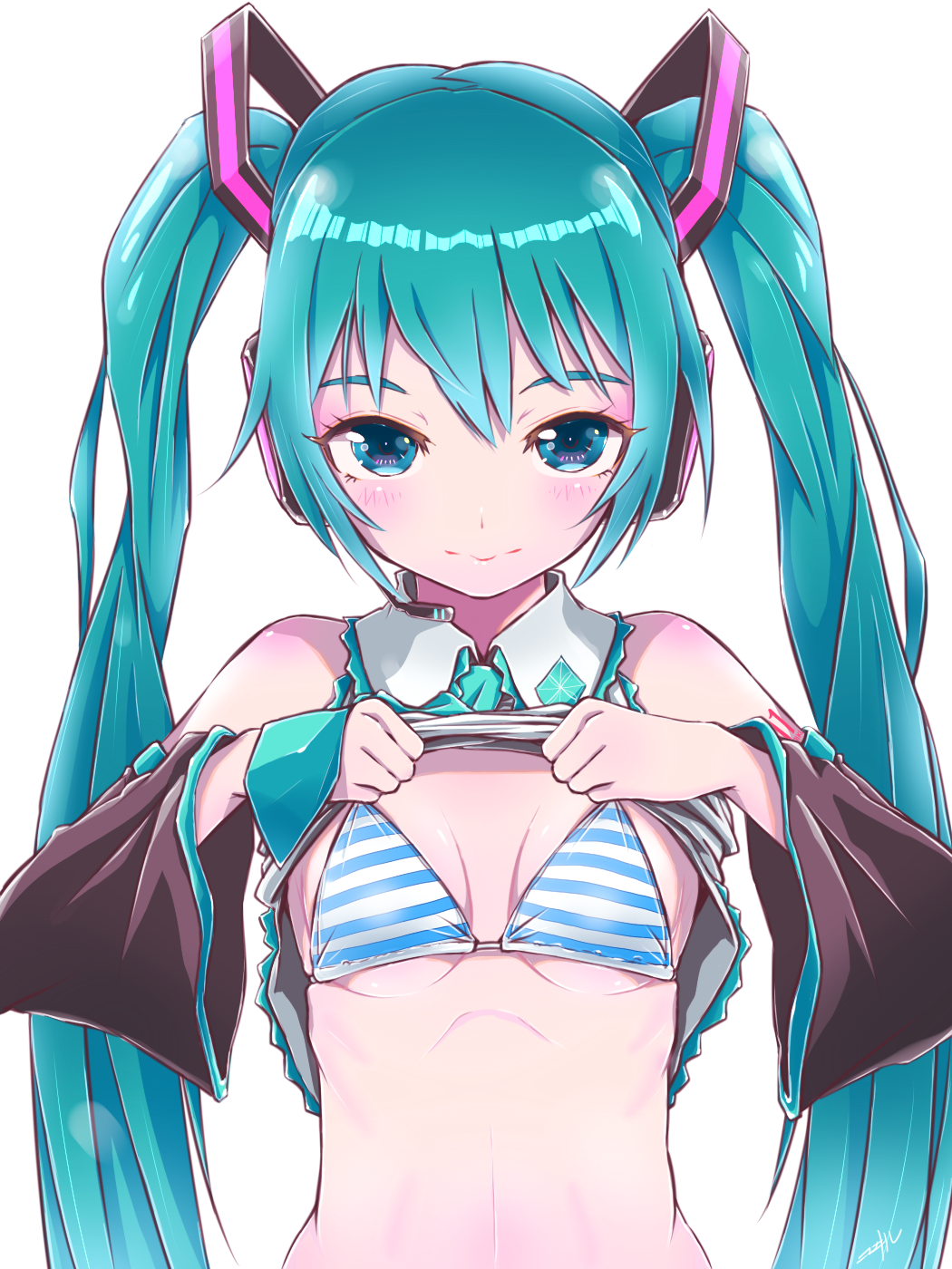 1girl aqua_eyes aqua_hair bikini bikini_under_clothes blush breasts clothes_lift detached_sleeves hatsune_miku headset highres kowiru lifting_own_clothes long_hair looking_at_viewer shirt_lift small_breasts solo striped_bikini striped_clothes swimsuit twintails upper_body very_long_hair vocaloid white_background