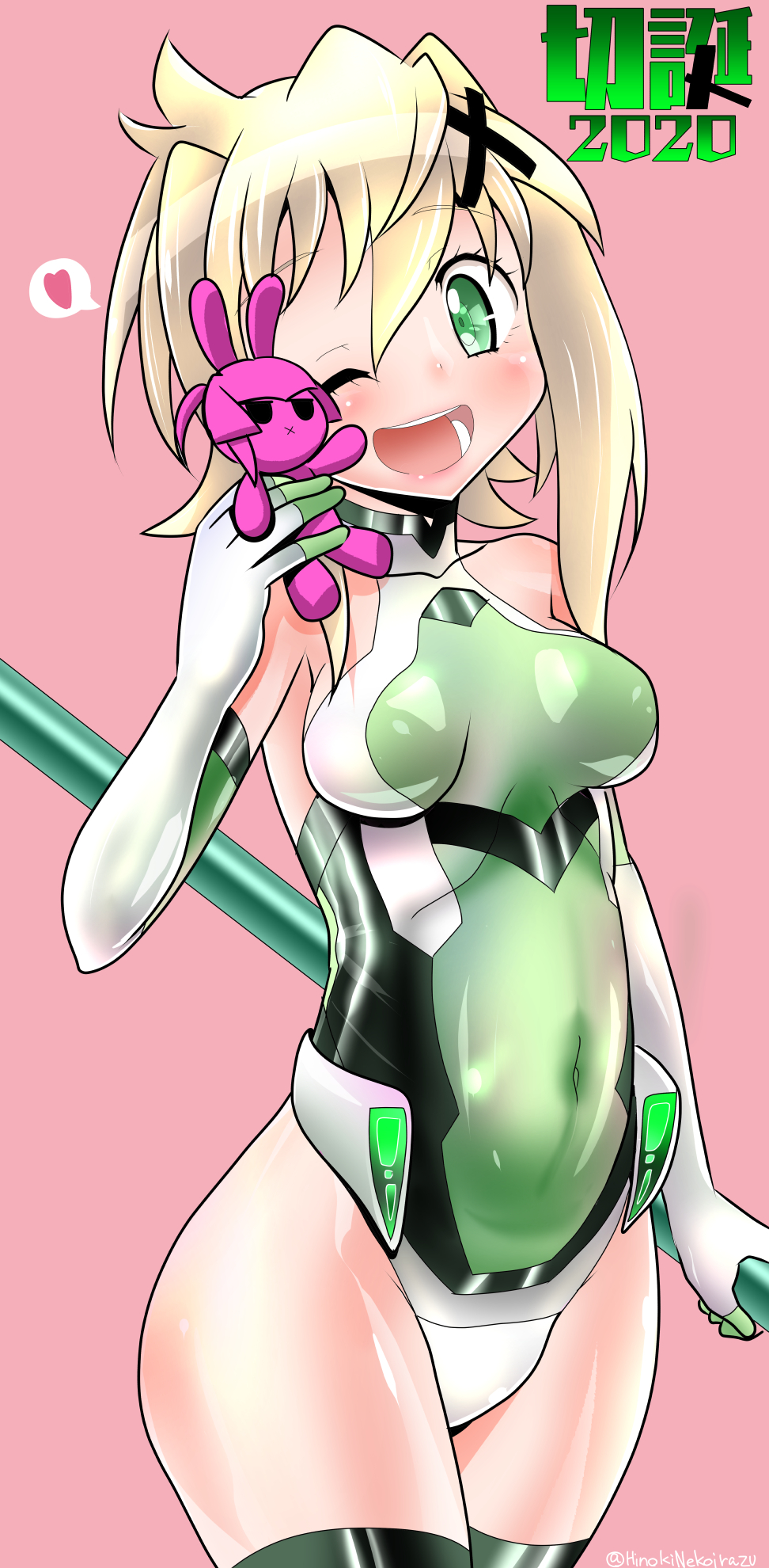 1girl akatsuki_kirika blonde_hair blush breasts character_doll covered_navel green_eyes green_leotard hair_ornament heart highres hinoki_(neko_irazu) leotard looking_at_viewer medium_breasts one_eye_closed pink_background senki_zesshou_symphogear shiny_clothes shiny_skin short_hair skin_tight smile solo standing tsukuyomi_shirabe x_hair_ornament